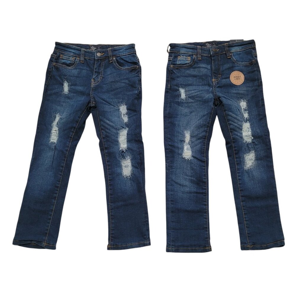 JACHS Boys Jeans 7 Distressed Dark Wash Jersey Knit Lined set of 2 New Pockets